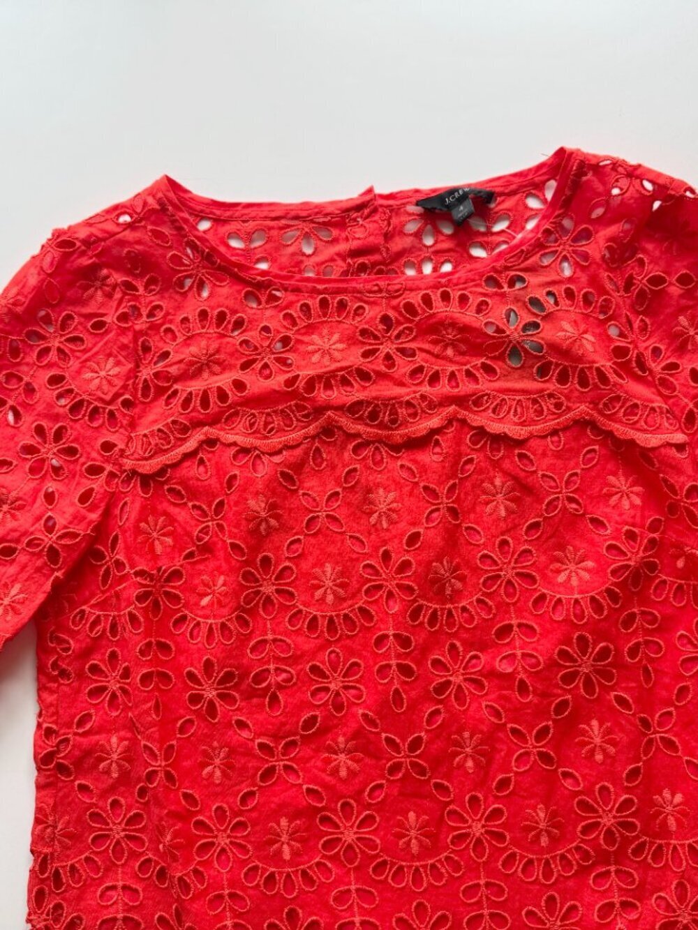 NWT J.CREW Orange Red Embroidered Cotton Eyelet Bell Sleeve Shift Dress, Size 4 - Picture 7 of 15